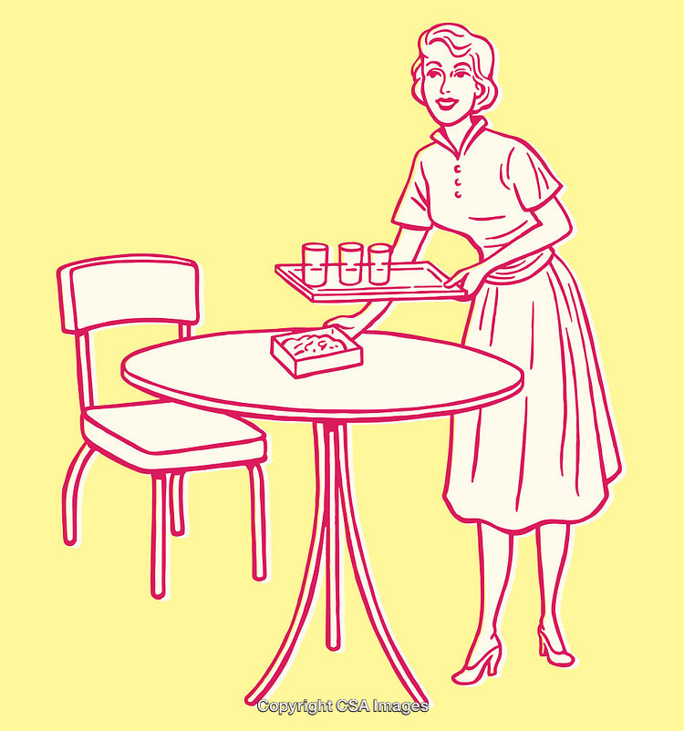 Retro Line Art Woman Serving Food in a Vintage Style Illustration