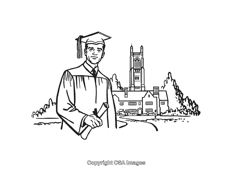 Graduate Holding Diploma Outside University Building in Line Art Style
