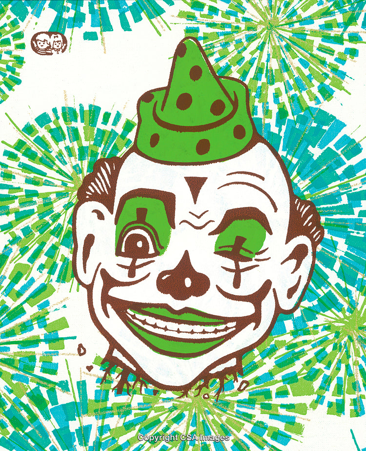 Vintage Clown Illustration with Vibrant Patterns and Textured Background