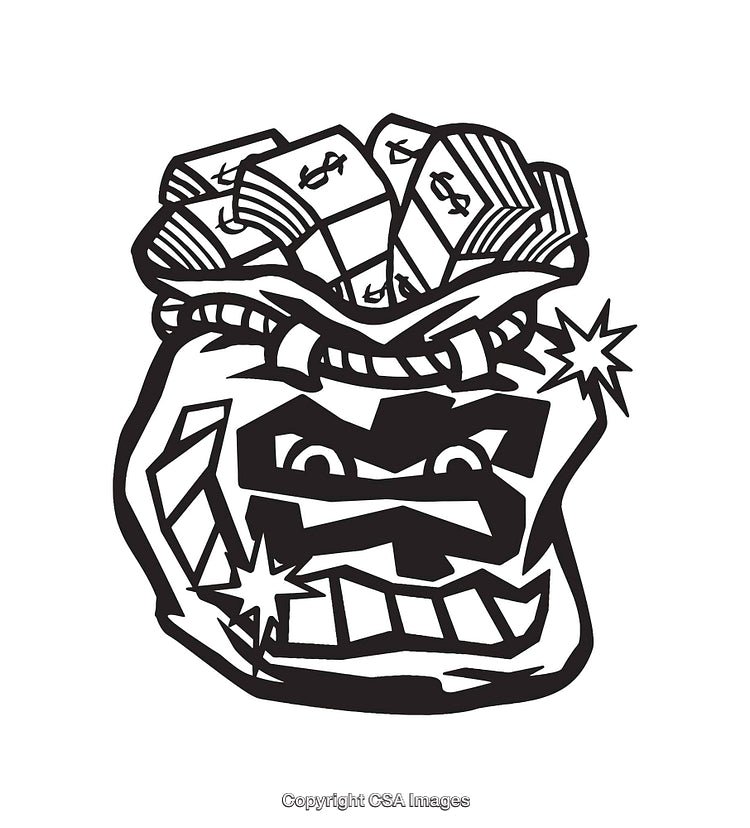 Cartoon Style Money Bag Line Art Illustration with Bills and Expressions
