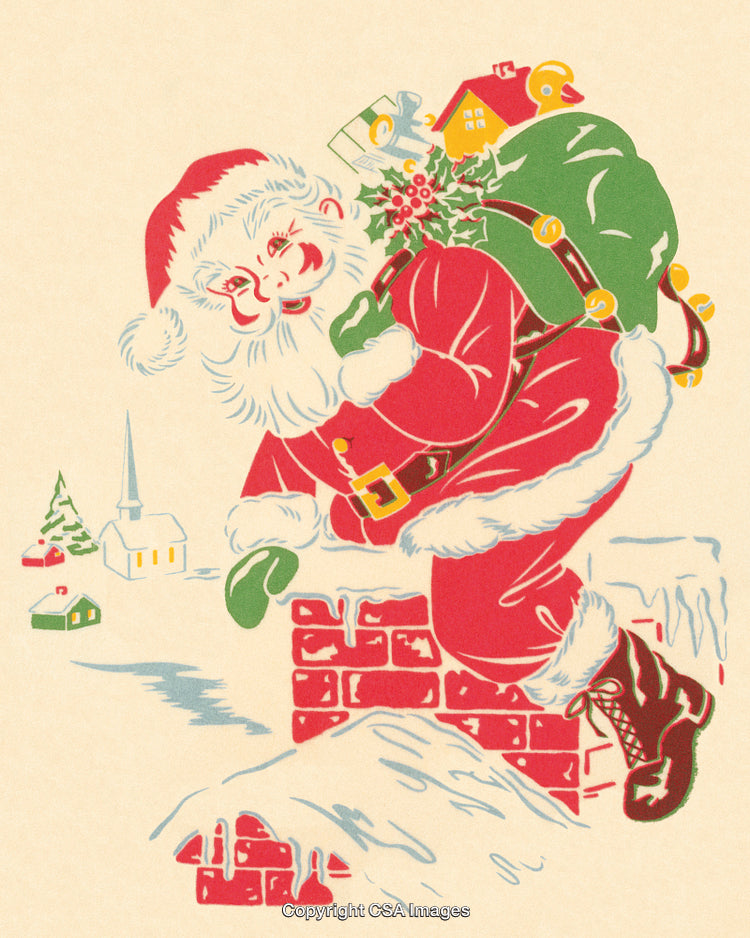 Vintage Santa Claus Illustration Carrying Sack of Toys on a Snowy Rooftop