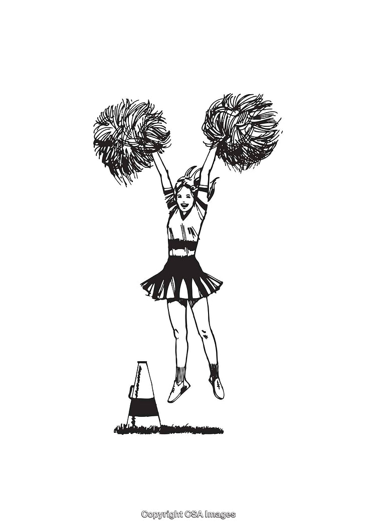 Black and White Line Art of Jumping Cheerleader with Pompoms