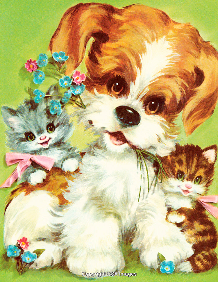 Illustration of a Playful Puppy with Two Adorable Cats and Flowers