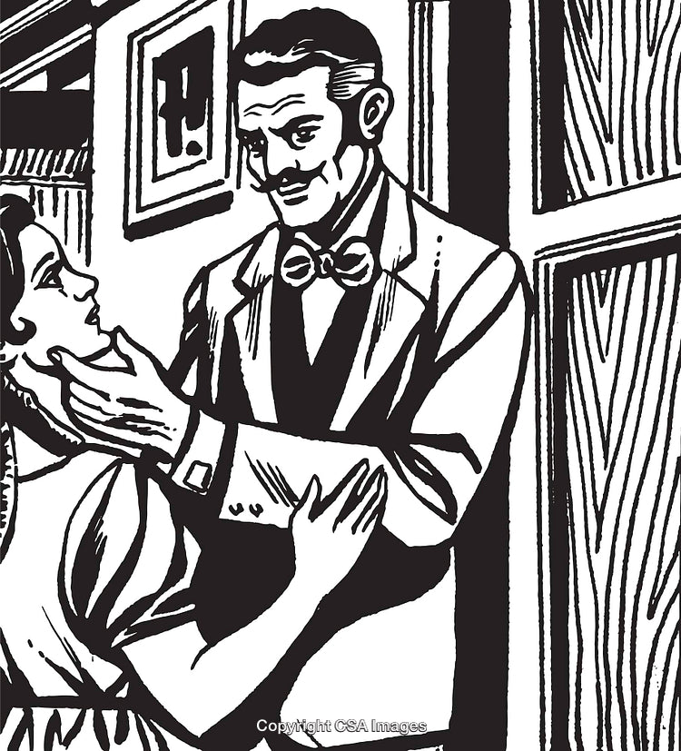 Retro Black and White Illustration of a Gentleman with a Woman on a Doorway