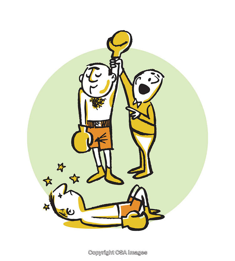 Illustrated Boxing Victory Scene with Referee and Knocked-Out Opponent