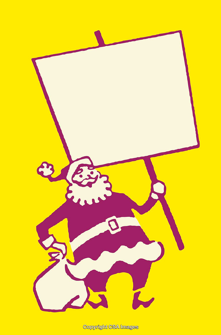 Cheerful Santa Claus Holding Blank Sign on Vibrant Yellow Background