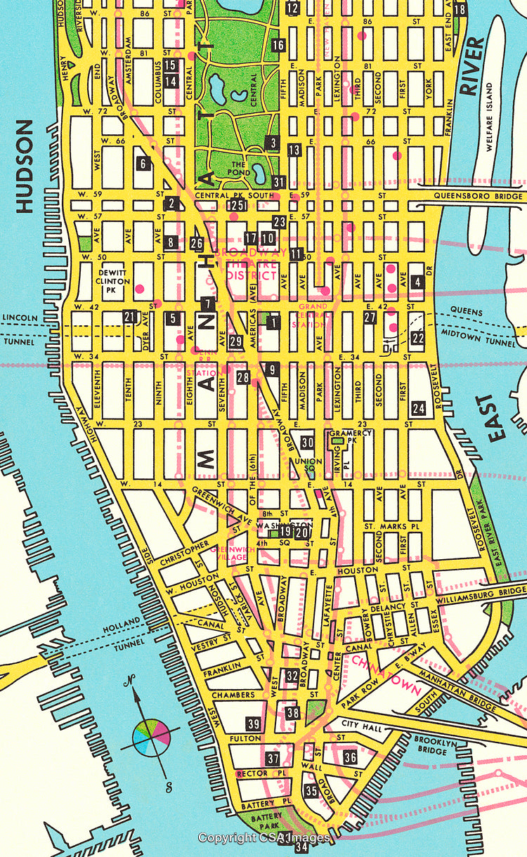 Detailed Vintage Map of Manhattan Highlighting Streets, Parks, and Landmarks