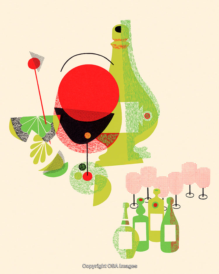 Abstract Artwork Featuring Bottles and Glasses in Bold Graphic Design