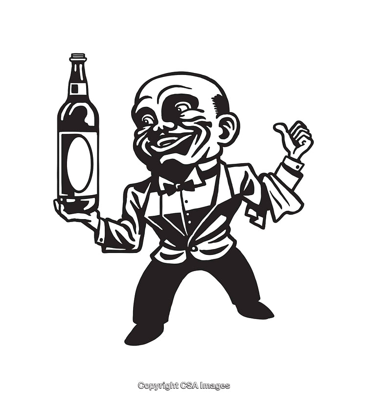 Retro Style Black and White Illustration of a Cheerful Butler Holding a Bottle