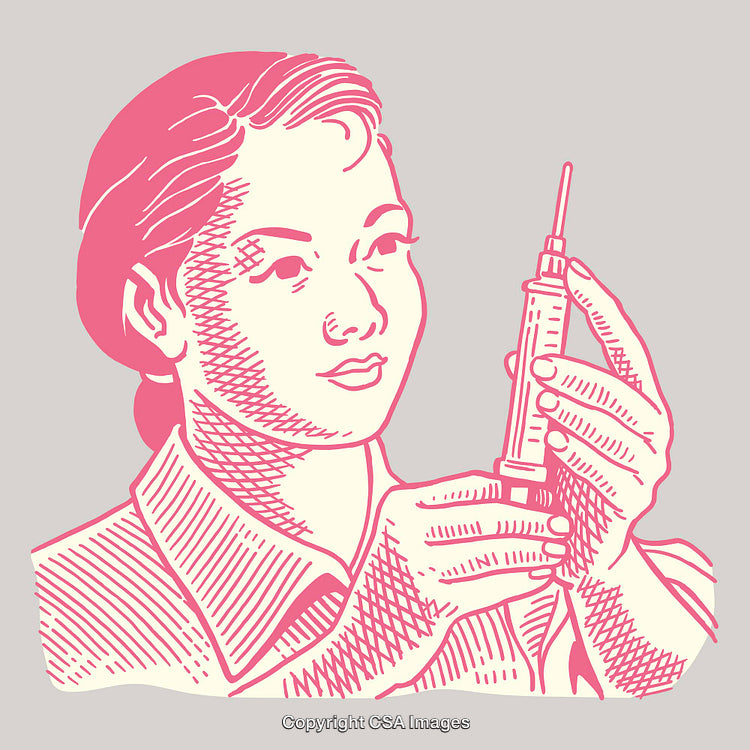 Vintage Style Line Art Illustration of a Nurse Preparing a Syringe