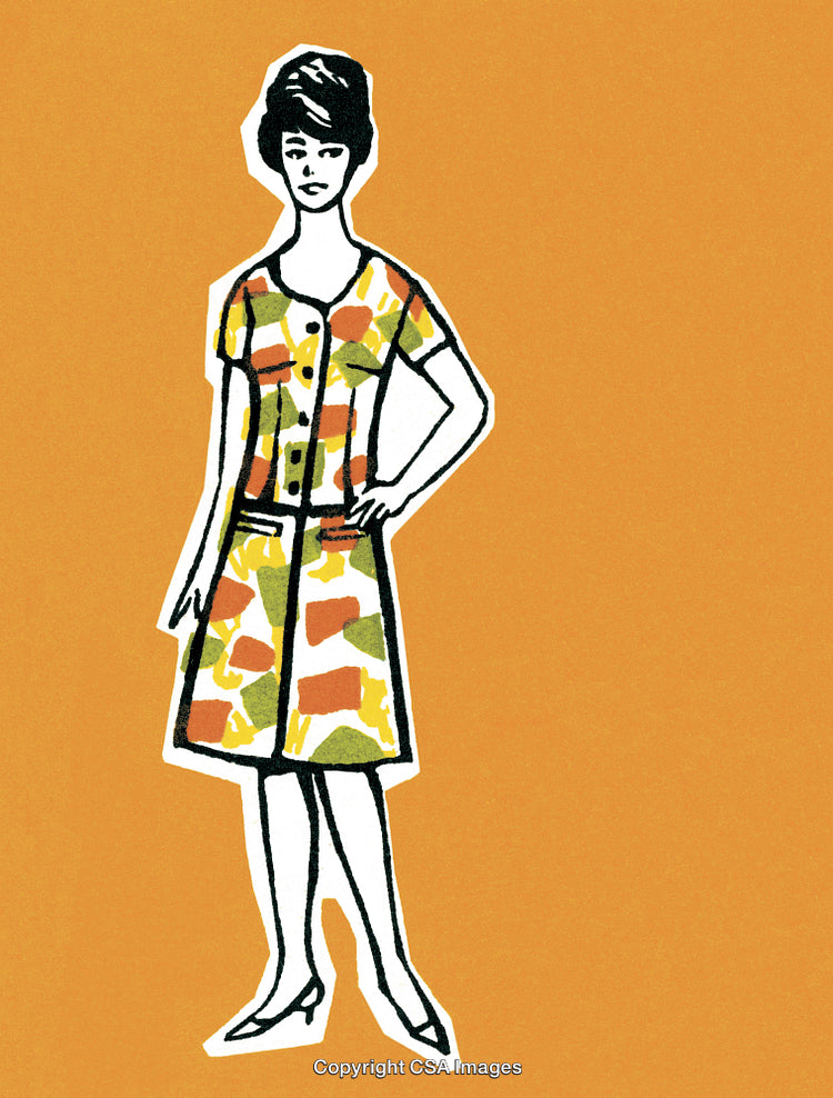 Vintage Fashion Illustration of Woman in Colorful Dress on Orange Background