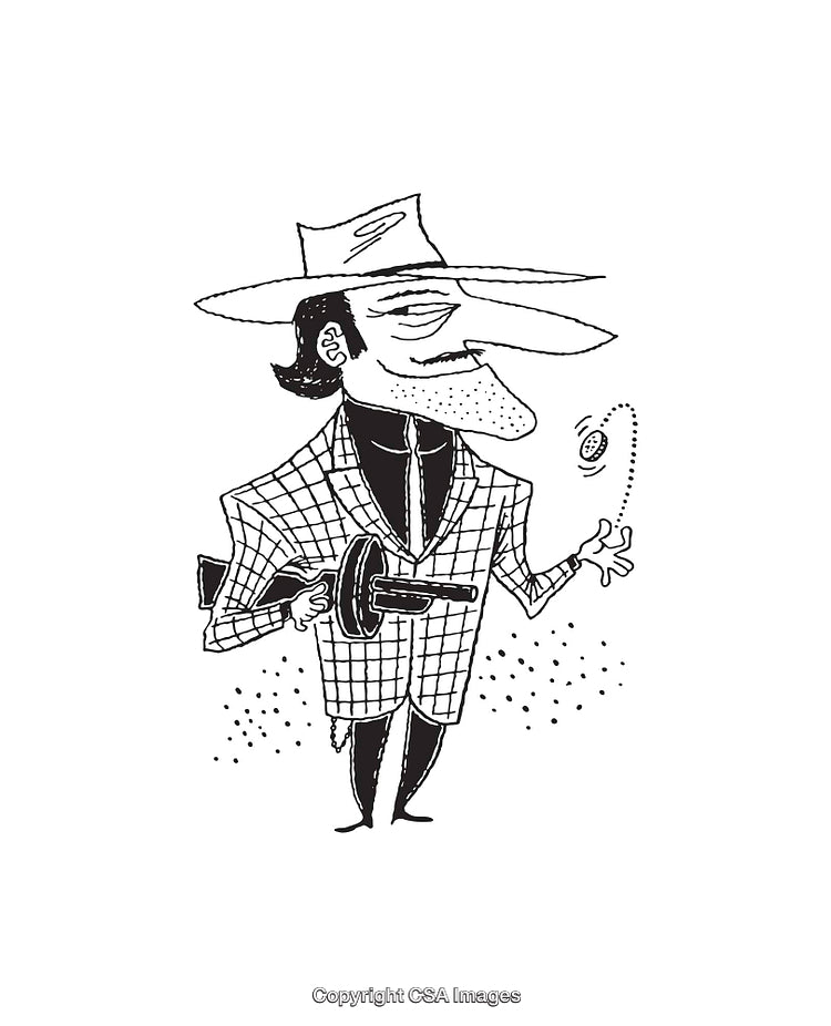 Retro Gangster Caricature in Suit Holding a Gun with Stylish Hat