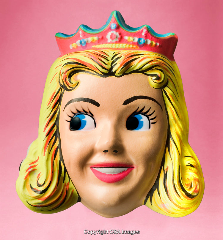 Vintage Princess Mask Against a Pink Backdrop in Nostalgic Pop Art Style