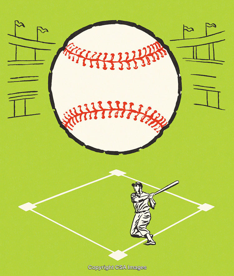 Illustration of Baseball Player and Large Ball Against Green Background