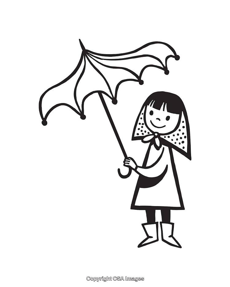 Whimsical Black and White Illustration of a Girl Holding an Umbrella