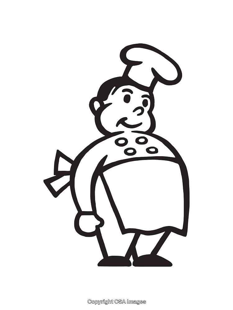 Black and White Cartoon Chef Illustration with Apron and Hat
