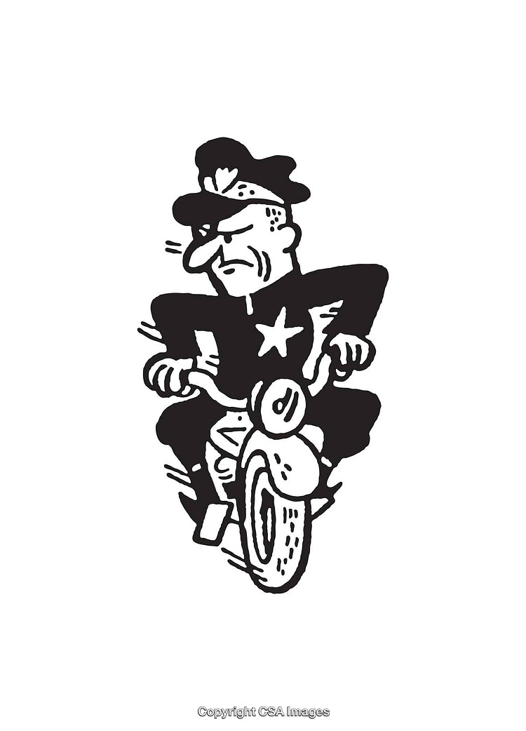 Funny Cartoon Illustration of a Policeman Riding a Motorcycle in a Comical Style
