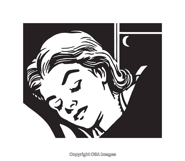 Black And White Line Art Illustration of Woman Sleeping Peacefully Under Moonlight