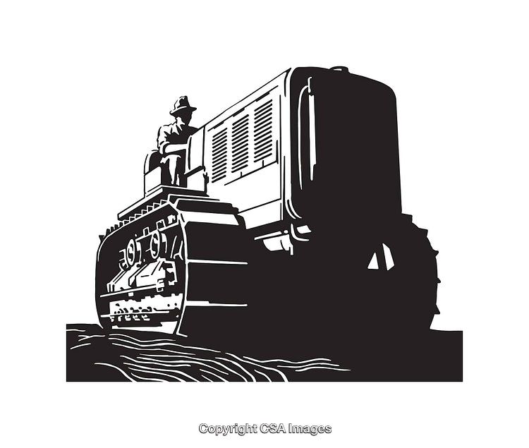 Black-and-White Line Art of a Person Operating a Tractor