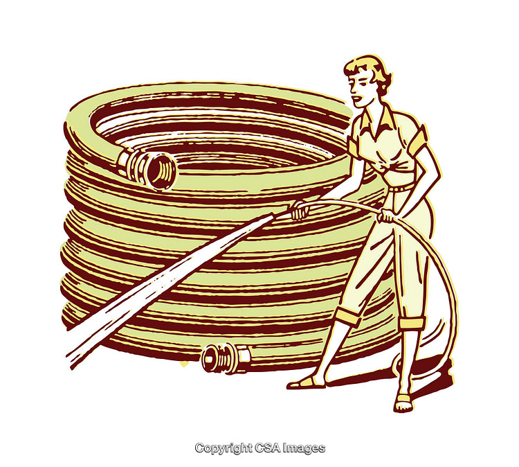 Retro Illustration of Woman Using Garden Hose for Watering Task