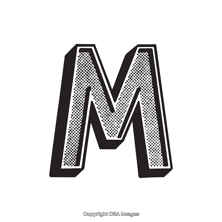 Retro-Style Bold Letter M with Halftone Design and Black Outline
