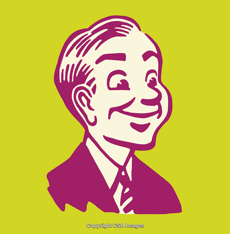 Stylized Retro Illustration of a Smiling Businessman on Vibrant Green Background