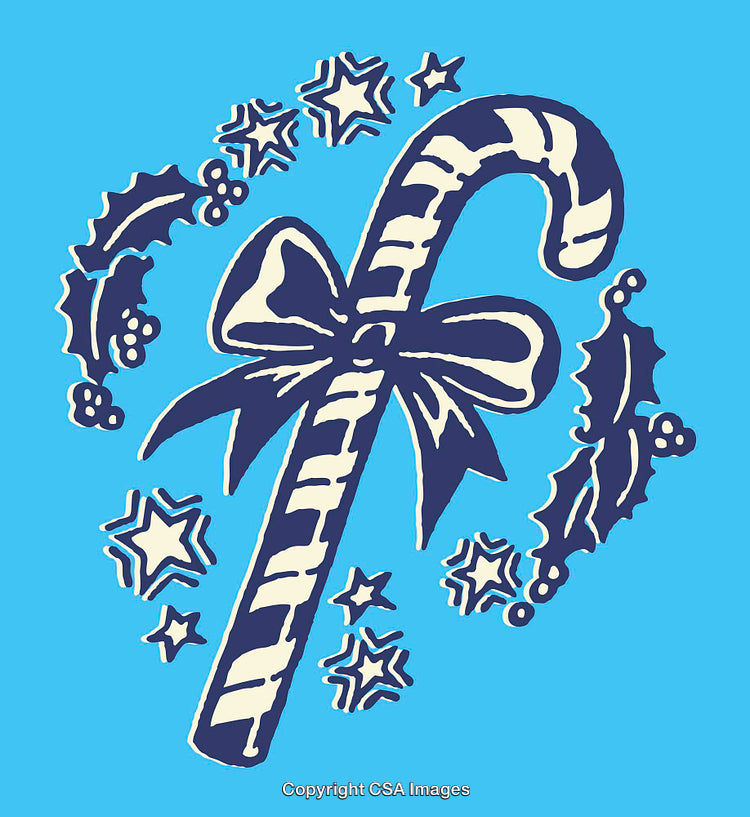 Candy Cane Illustration with Holly and Stars on Blue Background