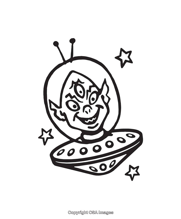 Fun and Whimsical Alien in Spaceship Line Art with Stars