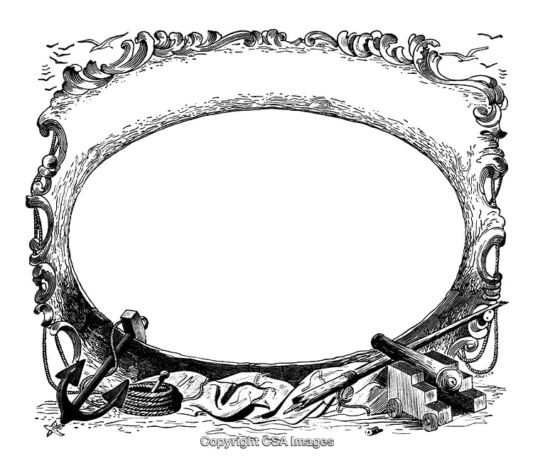 Ornate Nautical Frame With Maritime Tools and Decorations in Black and White