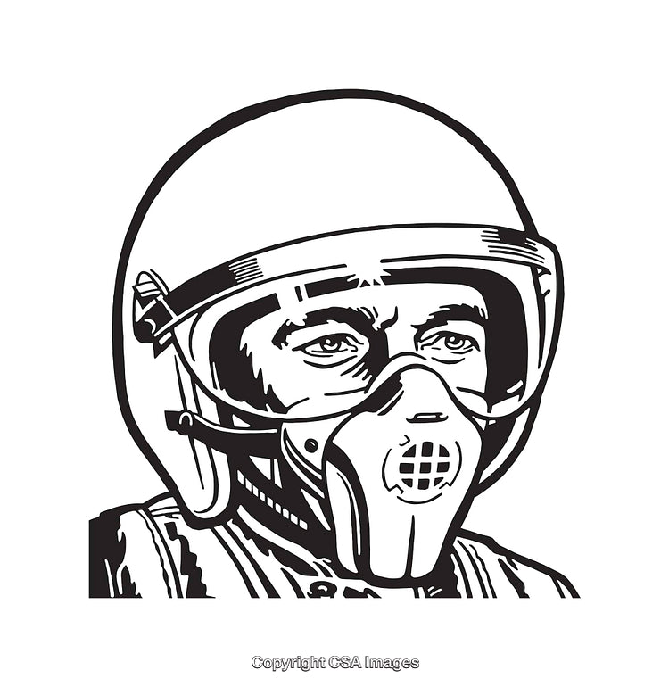 Detailed Line Art of a Helmeted Individual with Breathing Mask