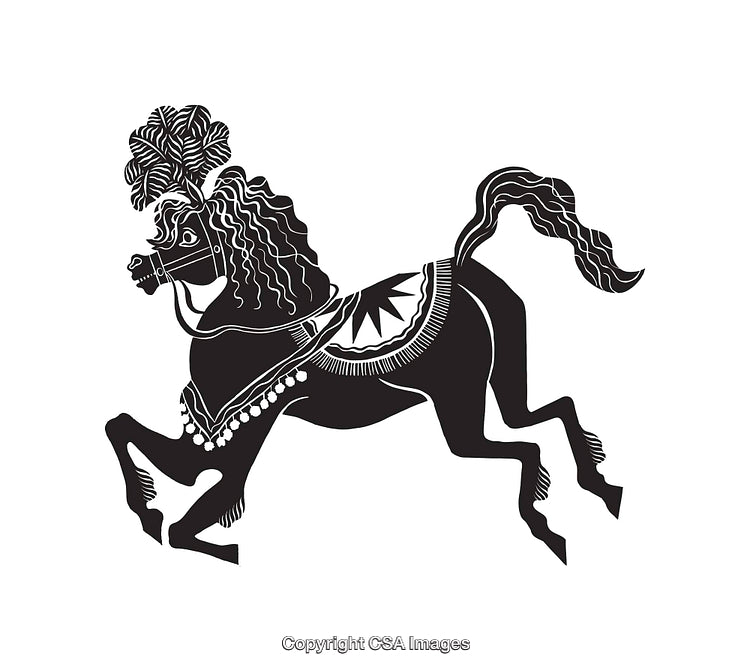 Decorative Black and White Illustration of a Stylized Horse