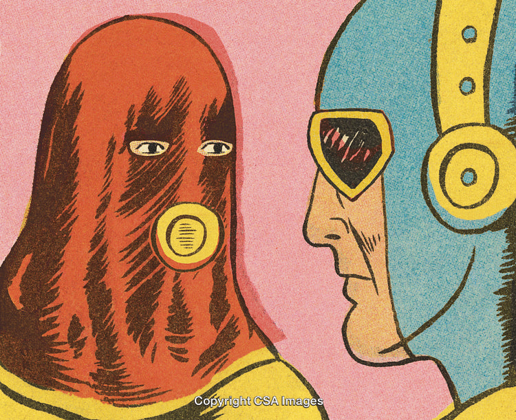 Retro Comic Style Artwork Featuring Masked Individuals in Vibrant Colors