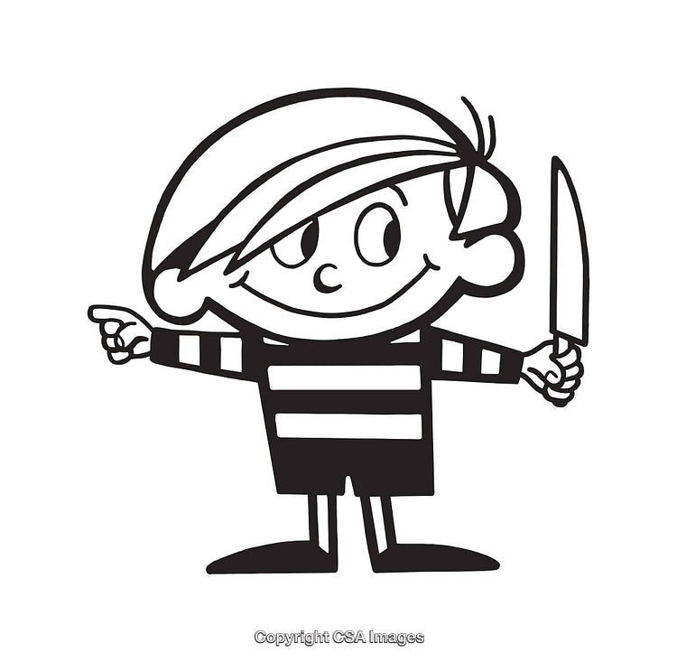 Black And White Illustration of a Character Pointing and Holding a Knife