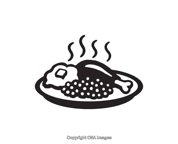 Illustration of a Cooked Meal with Hot Steam in Black and White