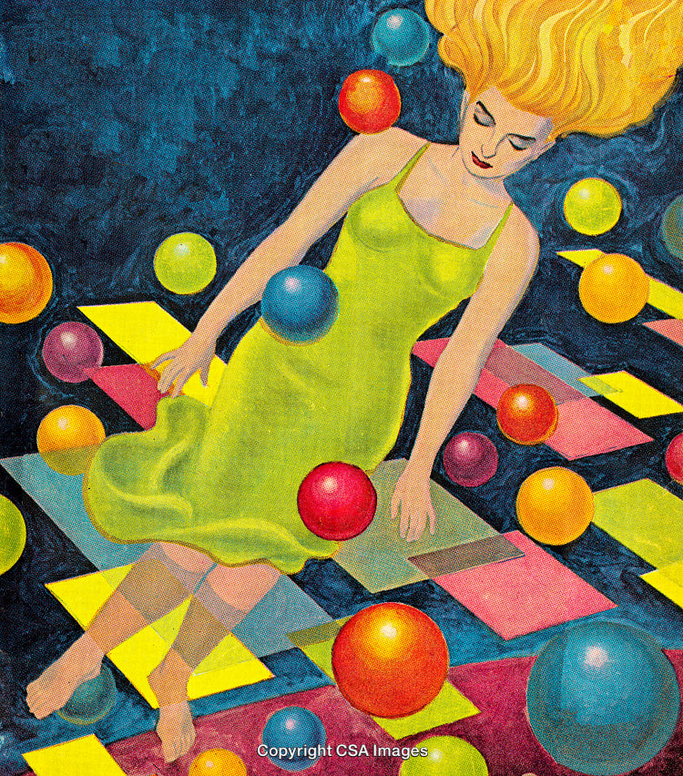 Surreal Woman with Geometric Patterns and Vibrant Colors in a Dreamlike Scene