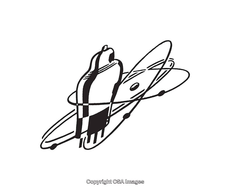 Vintage Space-Themed Vacuum Tube Illustration in Retro Line Art Style