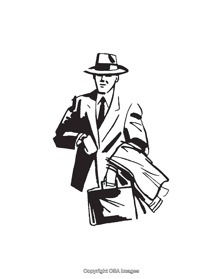 Vintage Line Art Illustration of a Businessman Carrying a Suit and Briefcase