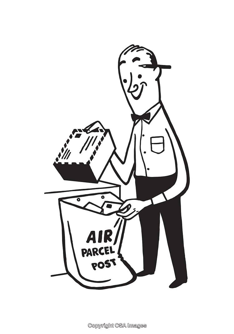 Retro Illustration of a Man Sorting Air Parcel Mail