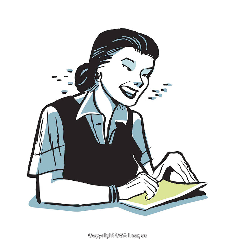 Retro Styled Illustration of a Woman Smiling While Writing Notes