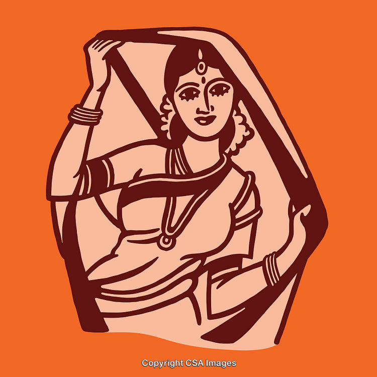 Traditional Indian Woman Illustration in Colorful Minimalist Style on Orange Background