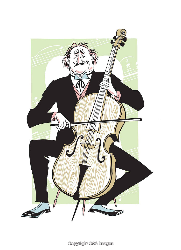 Cartoon Cellist Performing Music On Stringed Instrument in Formal Attire