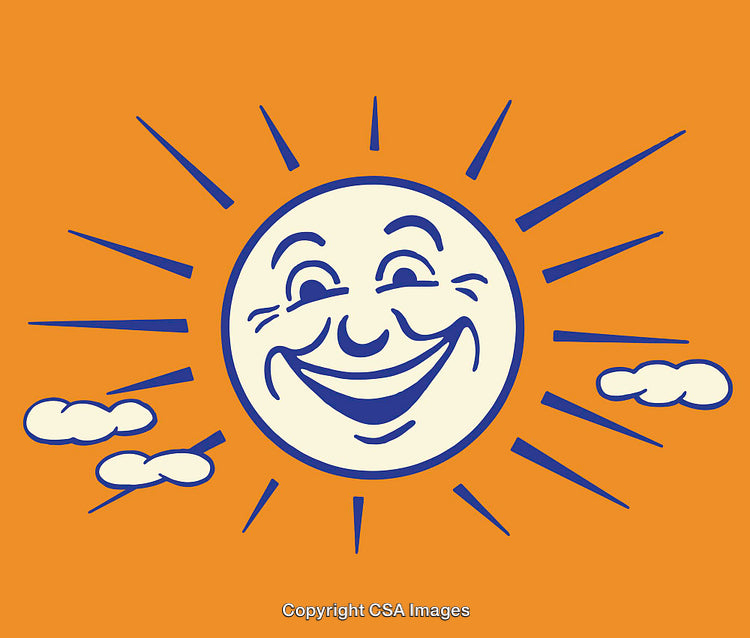 Colorful Illustration of a Smiling Sun with Radiant Beams and Clouds
