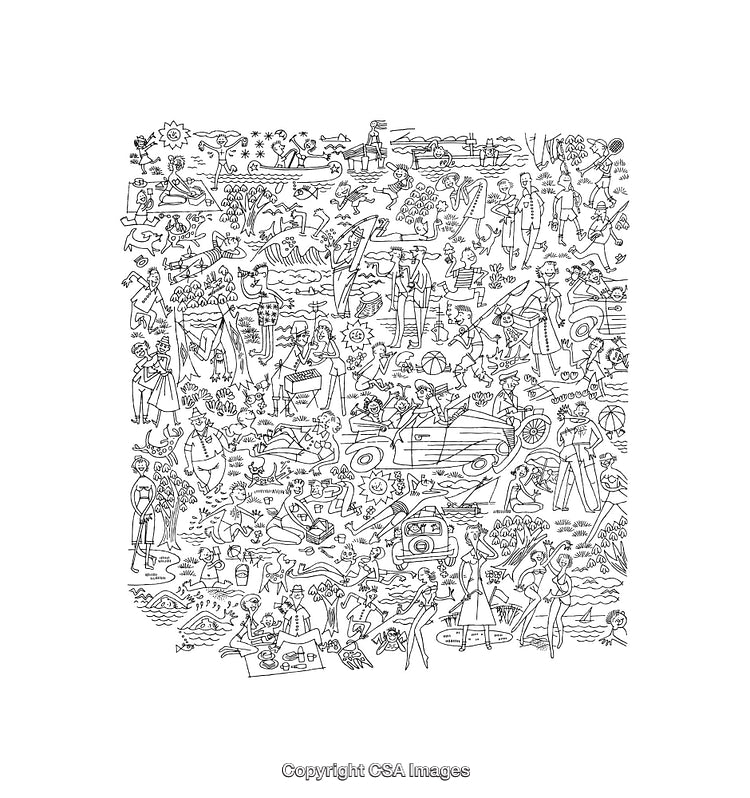 Intricate Black and White Line Art Depicting Diverse Outdoor Activities and Moments