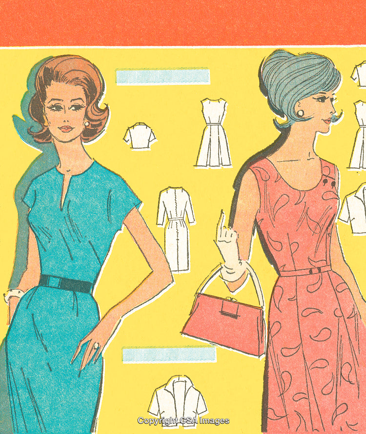 Vintage Fashion Illustration Showcasing Women's Dresses and Accessories