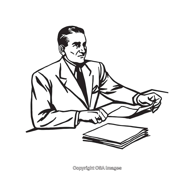 Retro Illustration of a Man Working at a Desk in Black and White