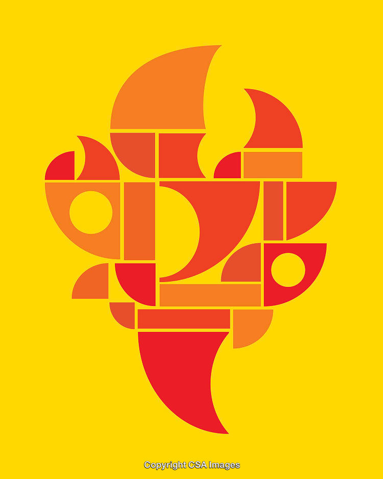Abstract Pattern of Orange and Red Shapes on a Yellow Background