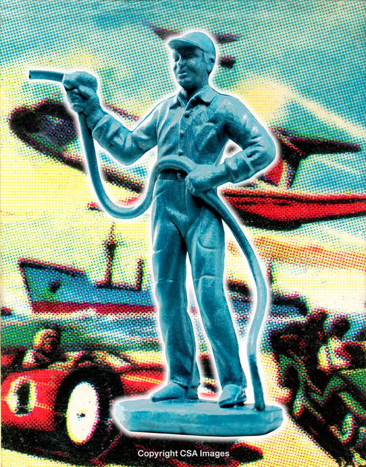 Blue Plastic Worker Toy Figurine with Retro Background