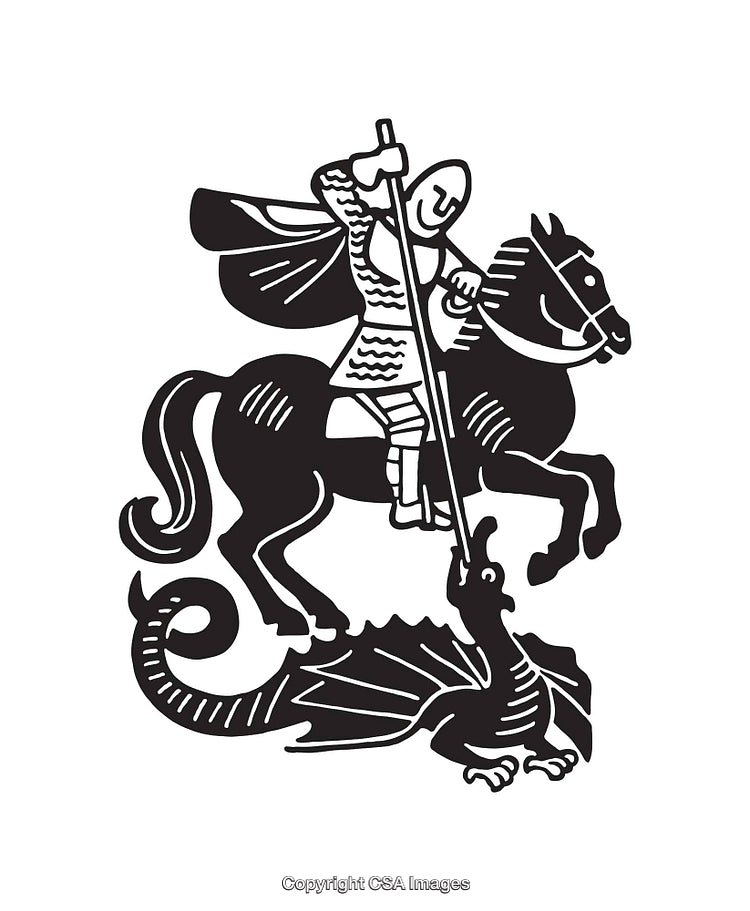 Medieval Knight in Armor Fighting a Dragon Line Art Illustration