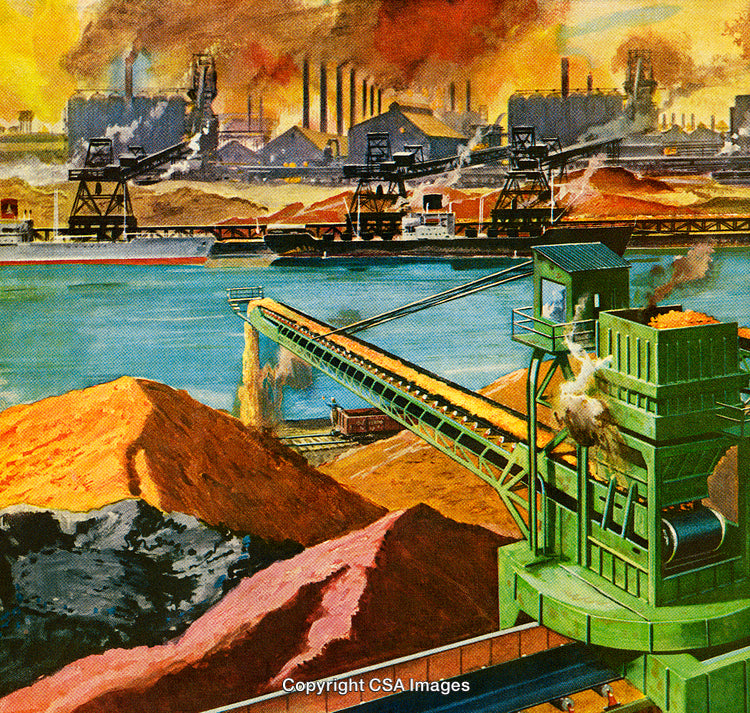 Heavy Machinery at an Industrial Site with Smokestacks in the Background