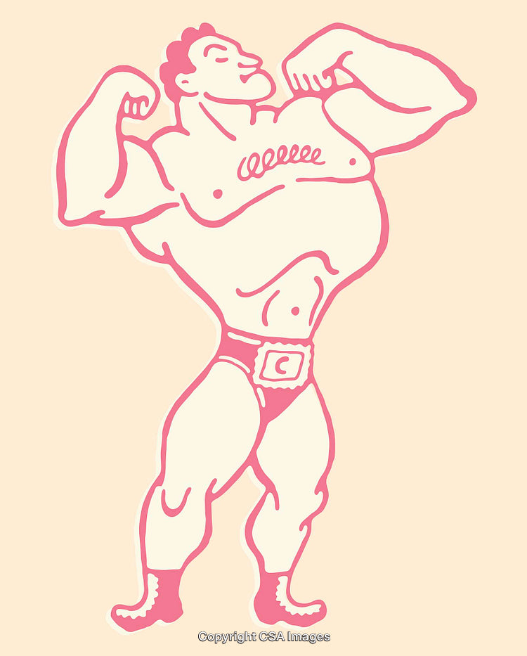 Cartoon Bodybuilder Flexing Muscles in Vibrant Line Art Illustration